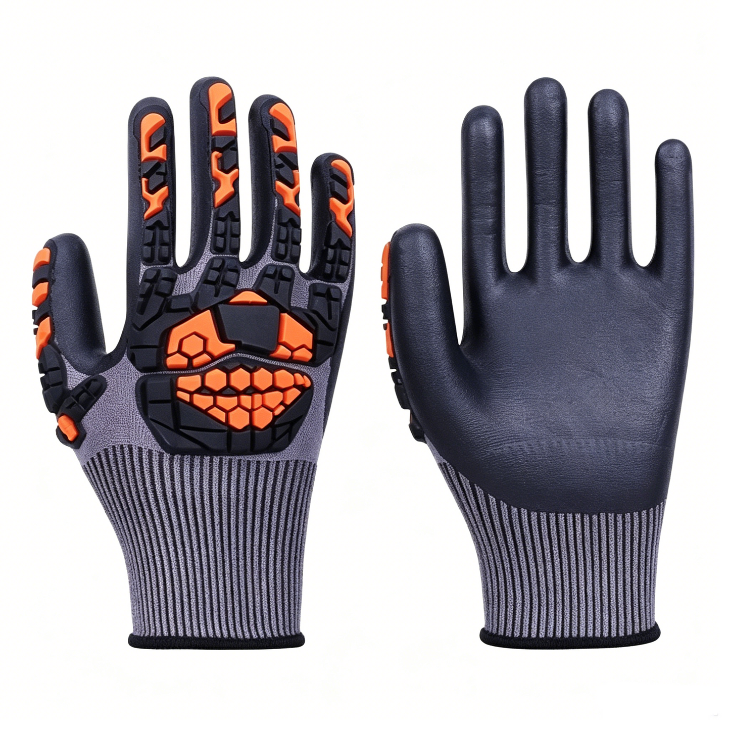 TX1000 18 gauge impact resistant work gloves, silicone rubber TPR back, sandy nitrile palm, ANSI cut A3, ANSI/ISEA 138 impact level 1, flexible for hot & cold industrial working conditions