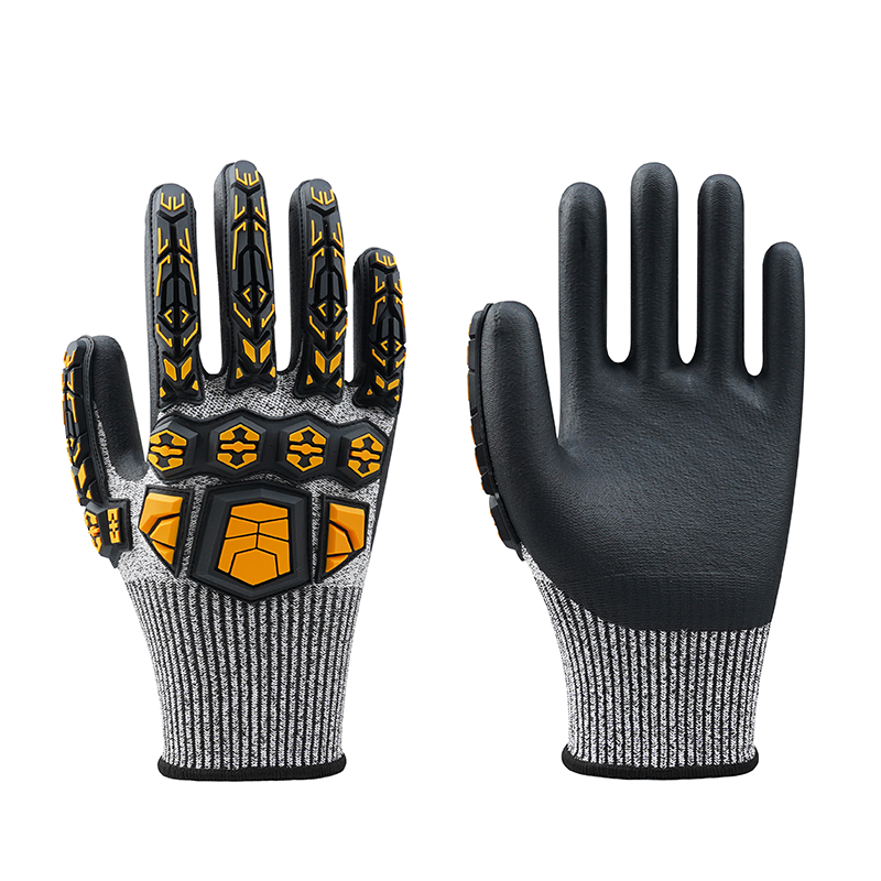TX2000 13 gauge HPPE nylon impact safety gloves, sewn PVC TPR impact protection back, nitrile foam palm, ANSI cut A3, impact level 2 for wet slippery industrial work