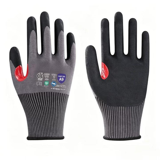 AD1509 15 gauge Adamas nitrile dotted palm top level cut resistant gloves, ANSI A9 heavy machinery safety gloves