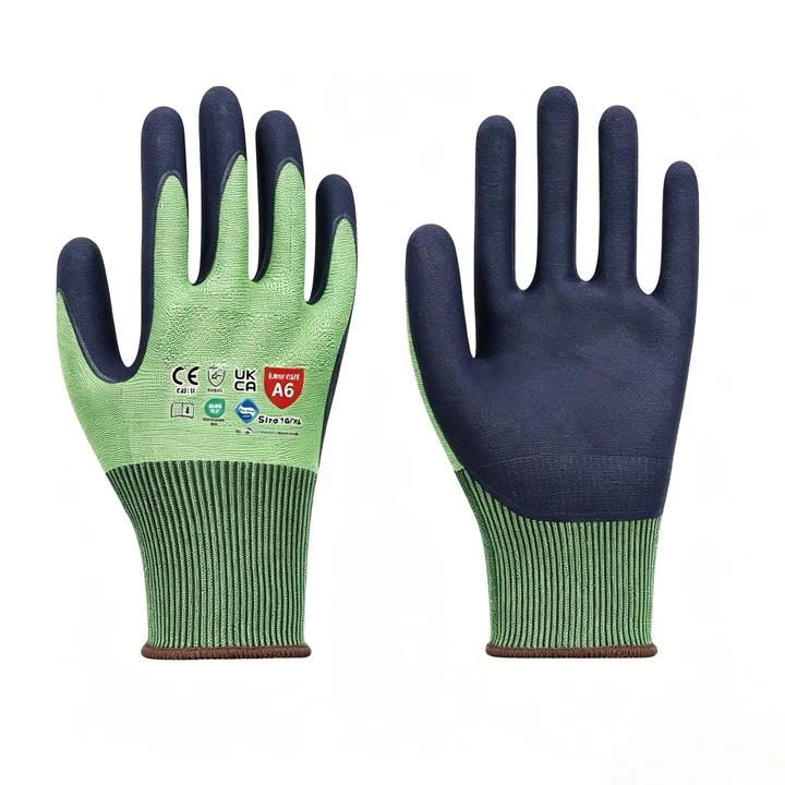 AM1806 18 gauge Adamas light green nitrile microfoam anti-cut gloves, ANSI A6 thin breathable industrial safety gloves