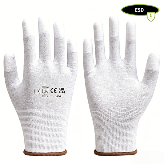 PU5101 ESD anti-static carbon fiber knit PU fingertip coated gloves, complies with EN 16350 static dissipation standard, perfect fit for electrostatic protected areas & precision workshop