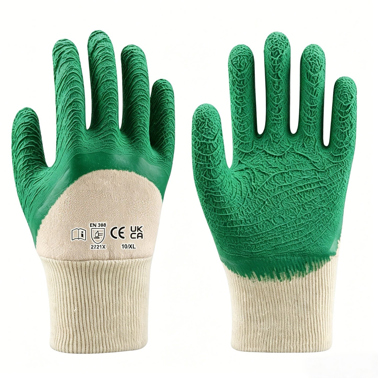 L1903 cotton interlock cut & sewn latex crinkle gloves, half coated palm for extra back & finger protection, flexible all-condition anti-slip work gloves