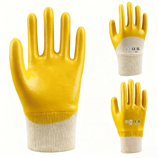 N1703 cotton interlock liner cut & sewn nitrile gloves with knit wrist cuff, flexible dexterous liner, smooth half dipped nitrile coating for general heavy work