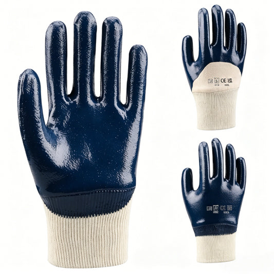 N1615 cut sewn cotton jersey half coated smooth nitrile work gloves, comfortable fit, abrasion resistant, oil & water resistant for medium heavy industrial tasks