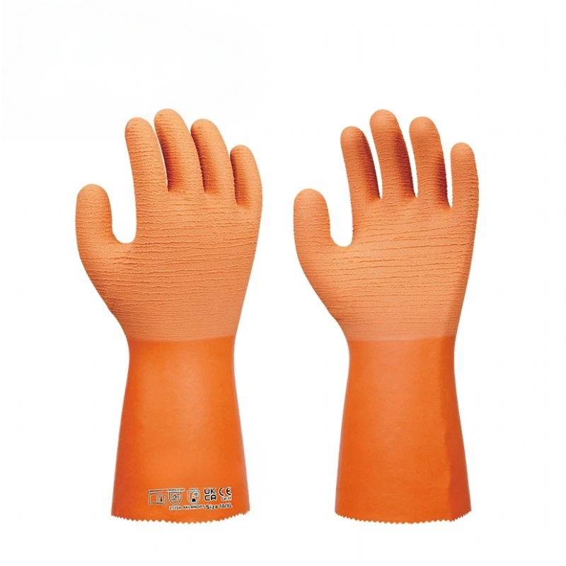 CM2000 cut sewn cotton interlock crinkle latex chemical resistant gloves, excellent solvent & oil resistance, long 42cm cuff design for full arm chemical splash protection