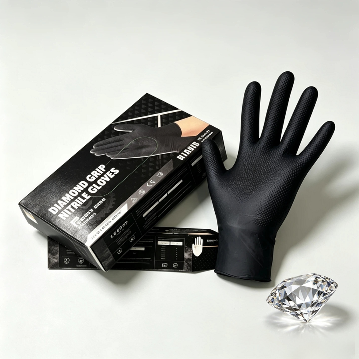 Diamond grip black powder-free nitrile gloves, oil chemical puncture resistant disposable automotive industrial protective gloves