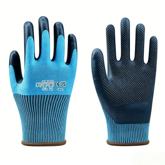 W2004 double layered winter thermal gloves, 15gauge outer polyester + 10gauge acrylic terry inner fleece, eco-latex coating, customizable palm pattern touch screen option