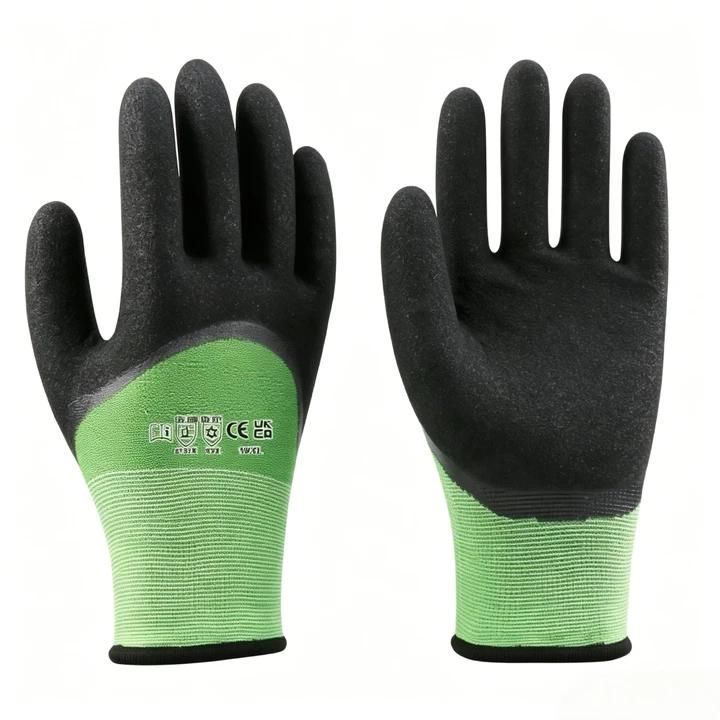 W2022 dual-layer thermal winter safety gloves, high cut resistance, half dipped sandy nitrile coating, extra back & finger protection for cold industrial handling
