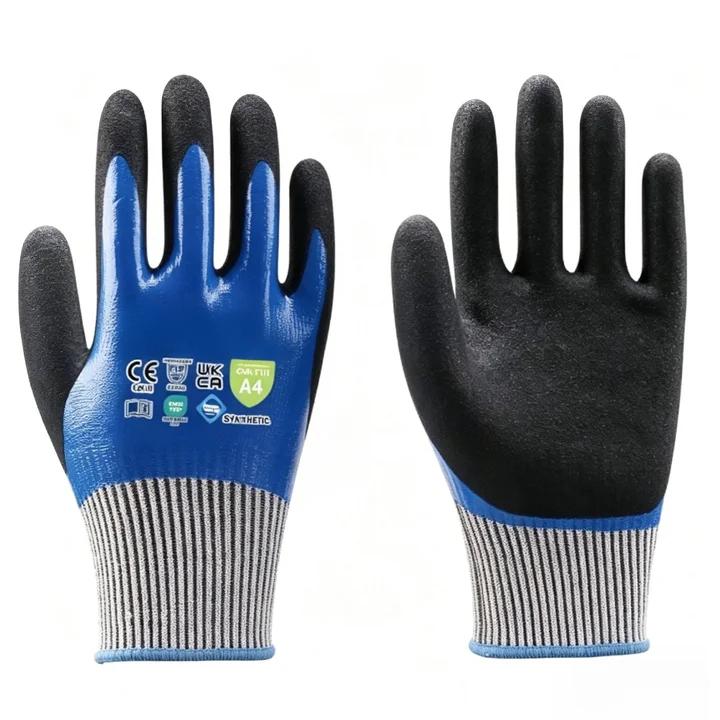 H5101D 13 gauge seamless liner cut gloves, smooth full nitrile coating with sandy finish, ANSI cut A4, durable abrasion protection for general manufacturing