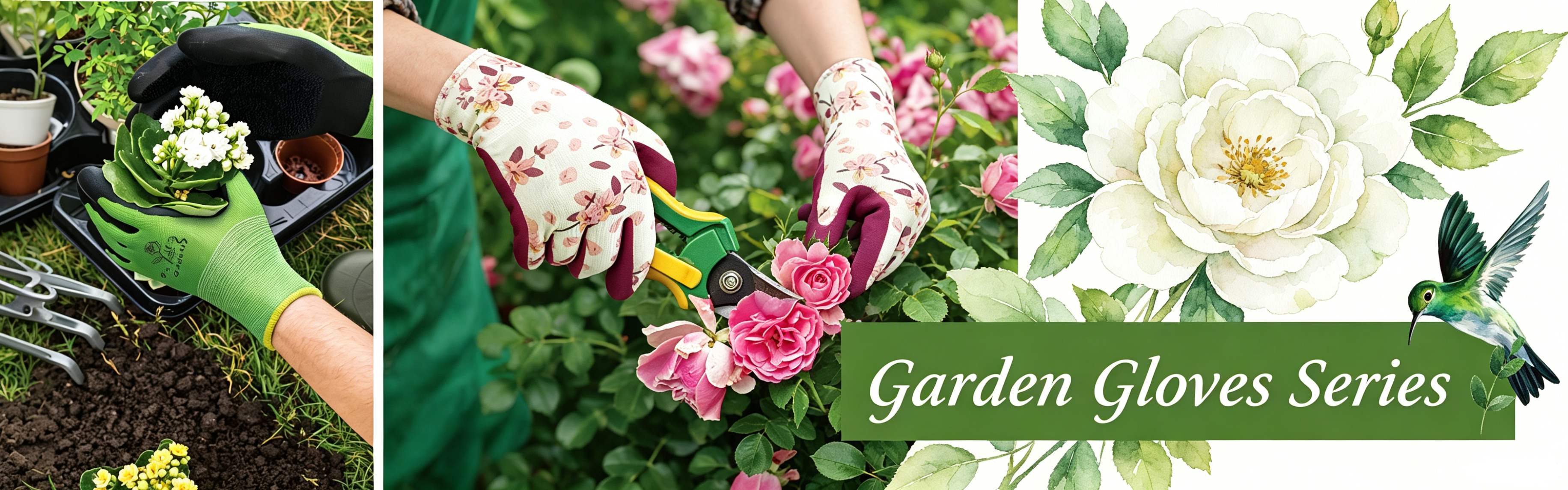 Garden Gloves Series banner, ECO and Sandy Latex garden protective work gloves