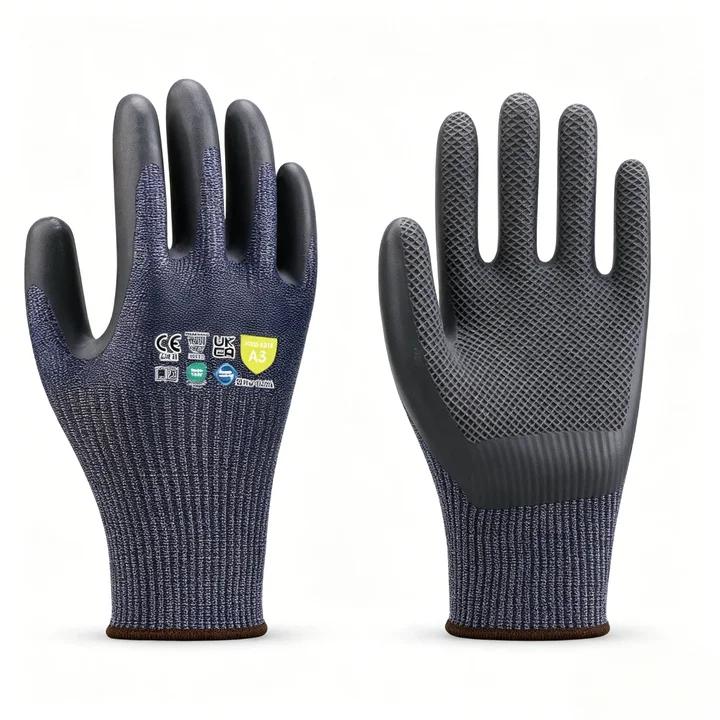 T2000 13 gauge HPPE glass fiber cut resistant gloves with eco-latex coating, ANSI cut A3, great tear and puncture resistance for general industrial handling