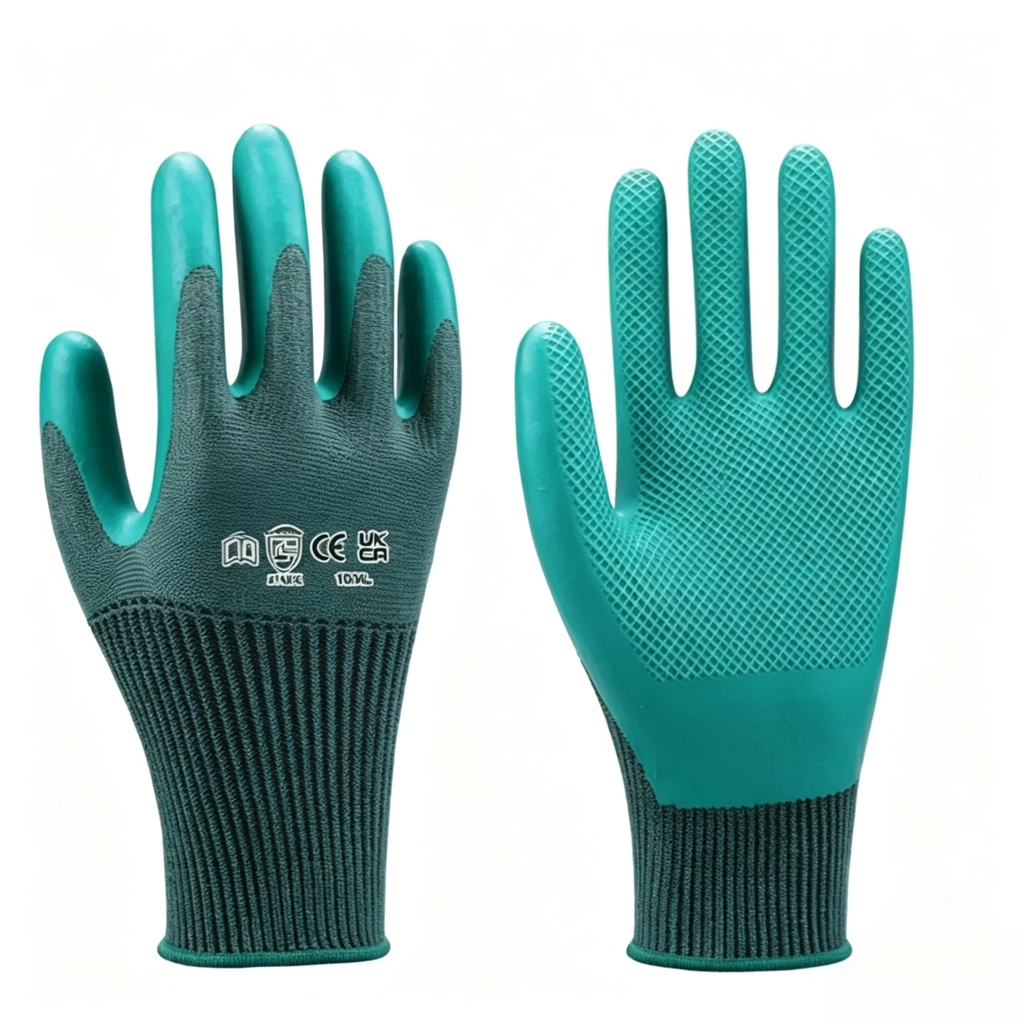T1000 13 gauge polyester spandex knitted work gloves, single dipped eco-latex palm coating, flexible comfortable general handling safety gloves with custom palm texture