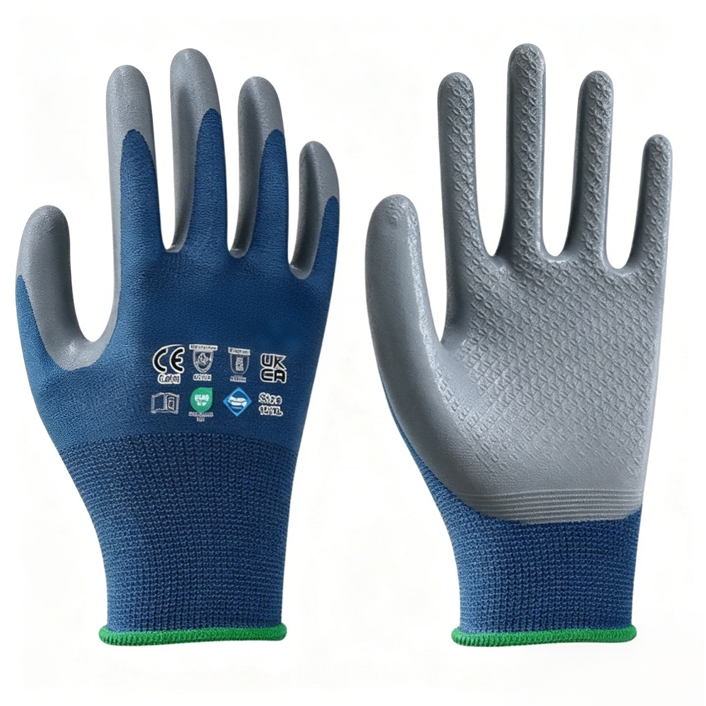 NO1000 15 gauge polyester liner advanced embossed nitrile gloves, zero chemical auxiliary production, superior anti-slip & oil resistance for industrial workshop