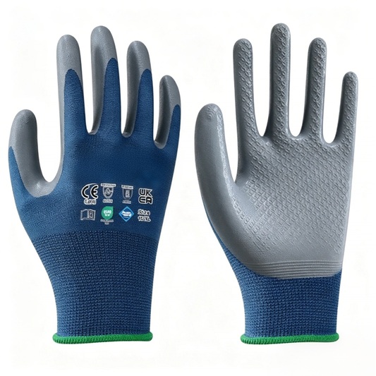 NO1000 15 gauge polyester liner advanced embossed nitrile gloves, zero chemical auxiliary production, superior anti-slip & oil resistance for industrial workshop