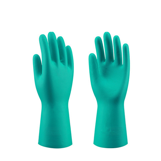 N1555 flocked smooth nitrile chemical protective gloves, lightweight green nitrile liner, EN374 certified against acid, alkali & formaldehyde, food & chemical dual use safety gloves