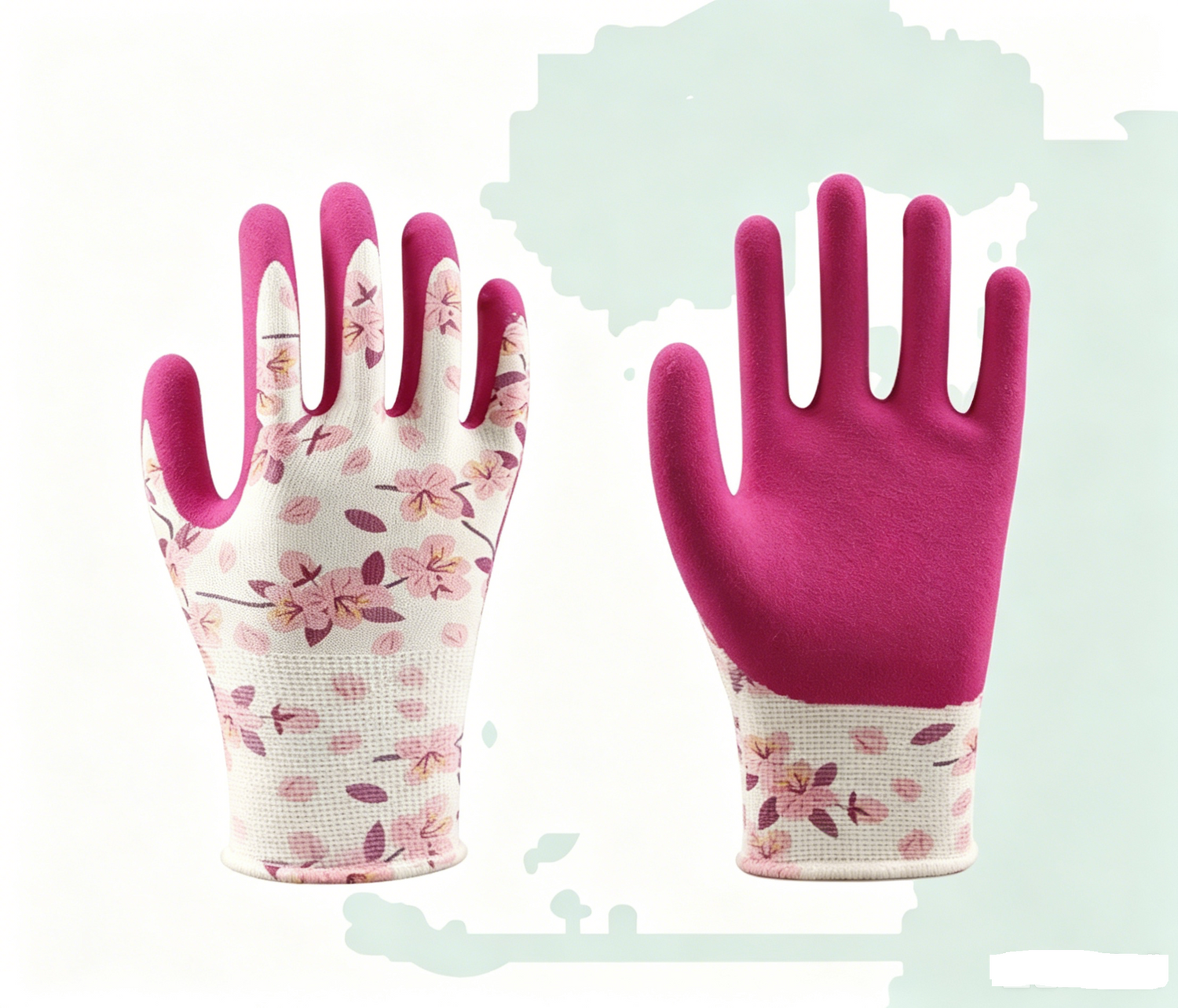 Latex-Sandy Series floral printed gardening gloves spec sheet, polyester liner sandy latex coated flexible protective work gloves