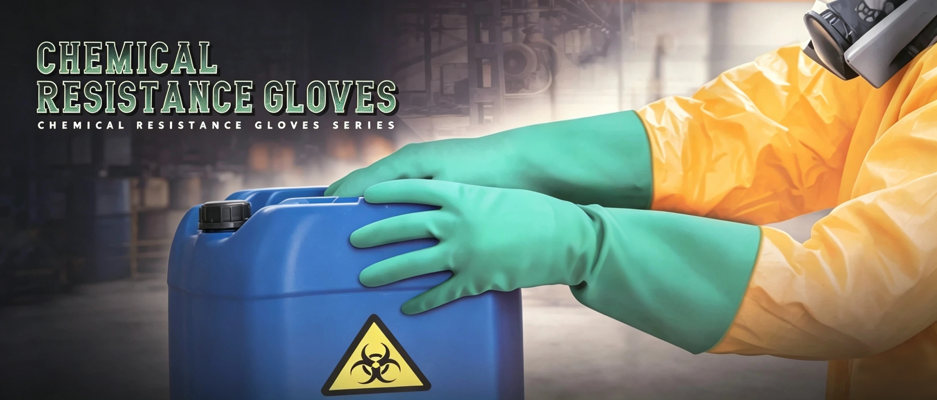 Nitrile chemical resistant safety work gloves for industrial hazardous chemical handling, biohazard barrel protection banner