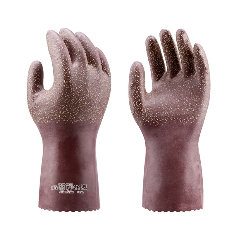 L7100 pinked cuff granular latex chemical gloves, special hand shape to reduce fatigue, reliable oil & chemical barrier, good low-temperature flexibility for factory chemical work