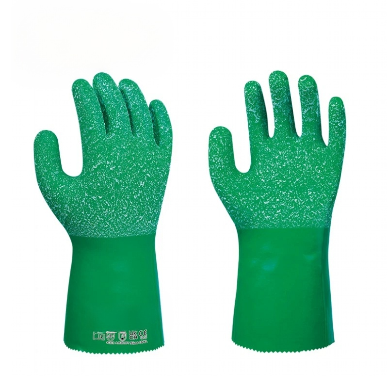 CM1000 cut & sewn cotton interlock granular nitrile chemical gloves, flocked pinked cuff, EN374 certified against strong acid & alkali, anti-slip granular palm for chemical workshop