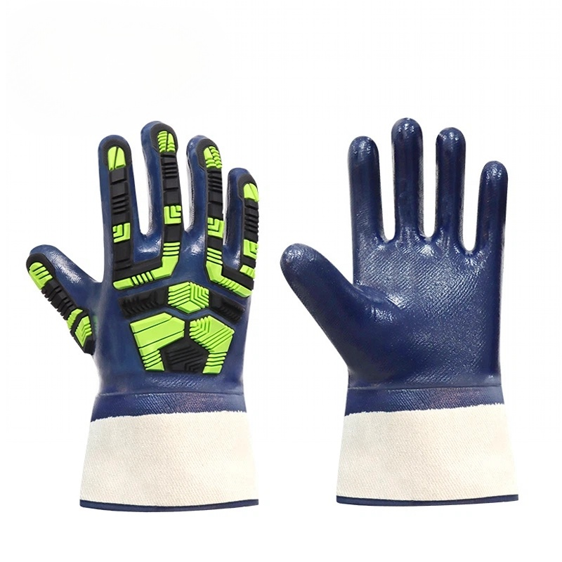 TX1050 cotton liner impact resistant gloves with extended wrist cuff, full nitrile coating, superior abrasion resistance, ANSI impact level 1 for mining, workshop & cold storage