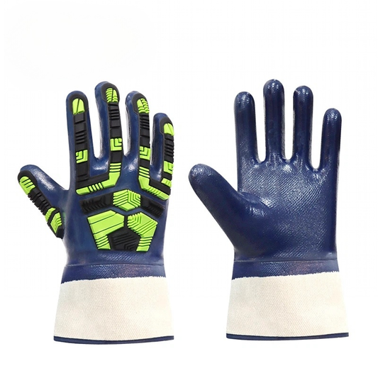 TX1050 cotton liner impact resistant gloves with extended wrist cuff, full nitrile coating, superior abrasion resistance, ANSI impact level 1 for mining, workshop & cold storage