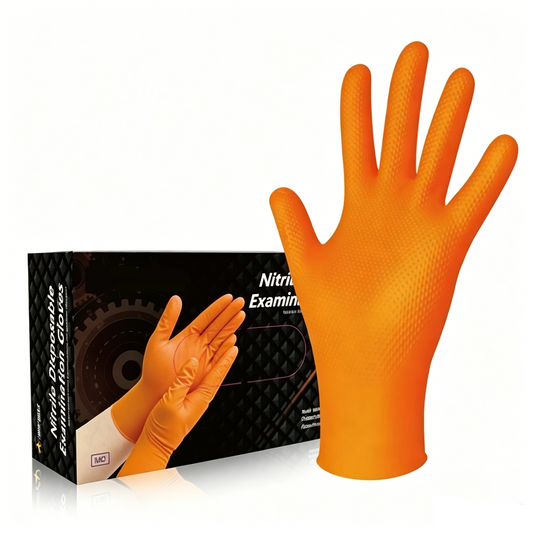 X3000 thick diamond grip disposable orange nitrile gloves, enhanced anti-slip texture for oily wet work, heavy puncture resistance, lab & automotive industrial disposable safety gloves