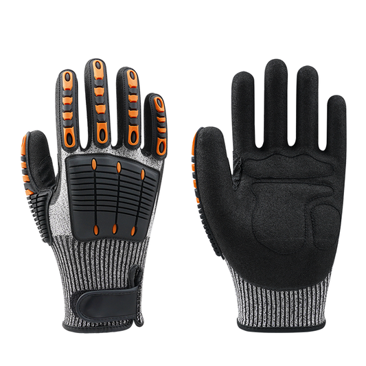 TX5000 13 gauge heavy duty impact resistant gloves, HPPE glass fiber cut A3 liner, sandy nitrile grip, PVC TPR shock absorption back for mining & rough construction work