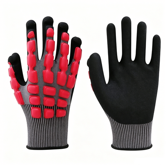 N9110 15 gauge Adamas impact gloves, ANSI cut level A5, sandy eco-nitrile coating, superior grip in dry & oily environments, CE certified heavy impact protective work gloves