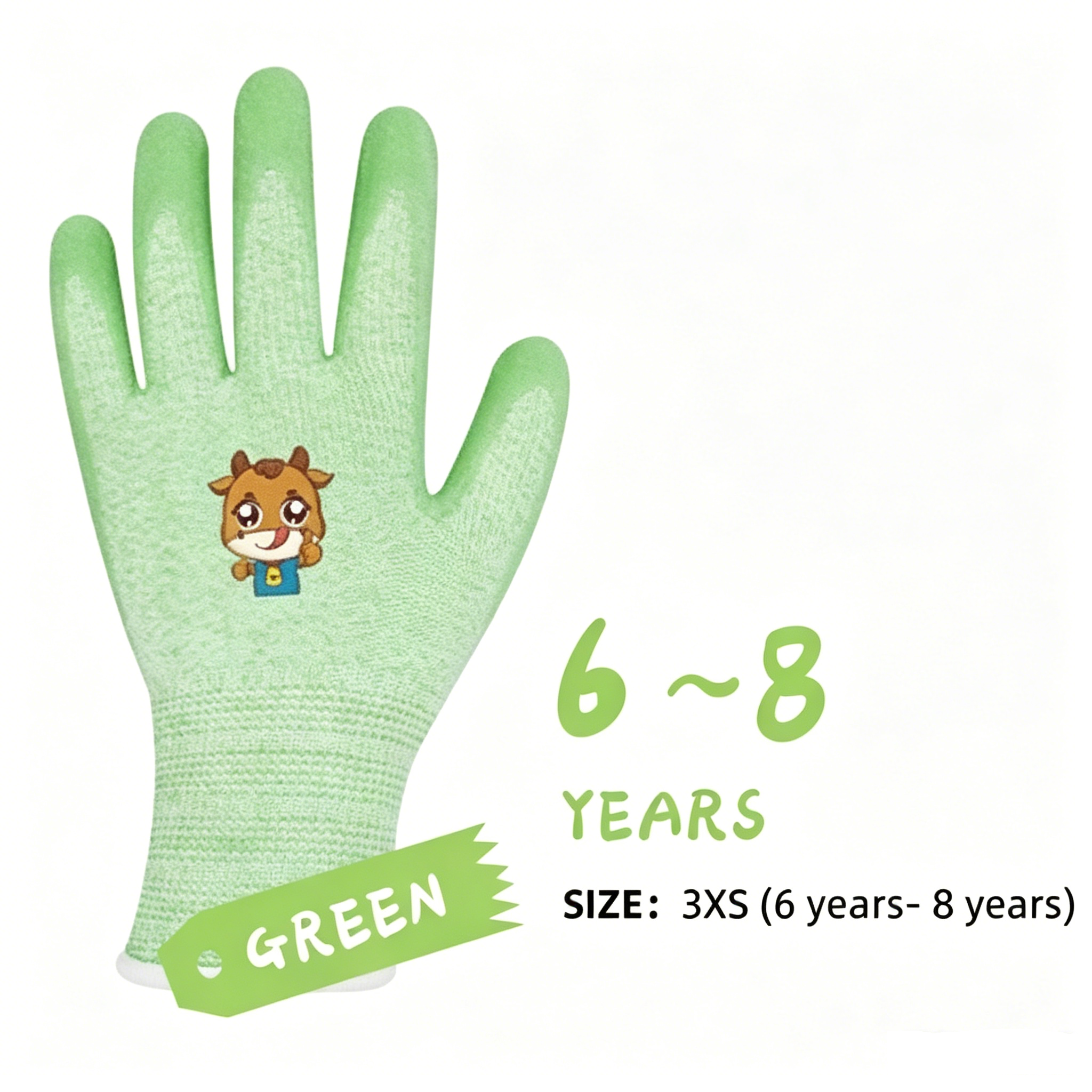 Kids Gloves Series 15 gauge polyester spandex sandy latex cut-resistant gloves, green cow cartoon print, size 3XS for kids aged 6-8 years old outdoor protection