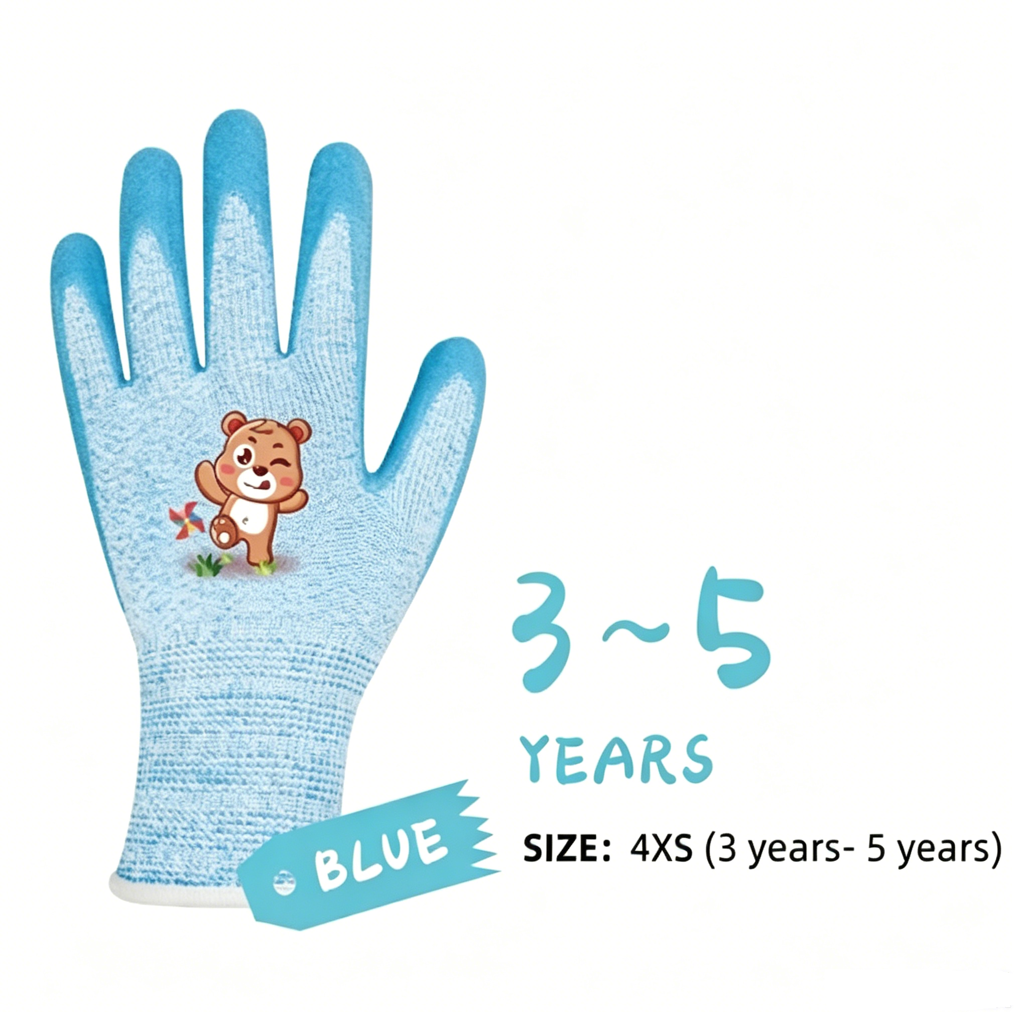 Kids Gloves Series 15 gauge polyester spandex sandy latex cut-resistant gloves, light blue bear cartoon print, size 4XS for kids aged 3-5 years old outdoor protection