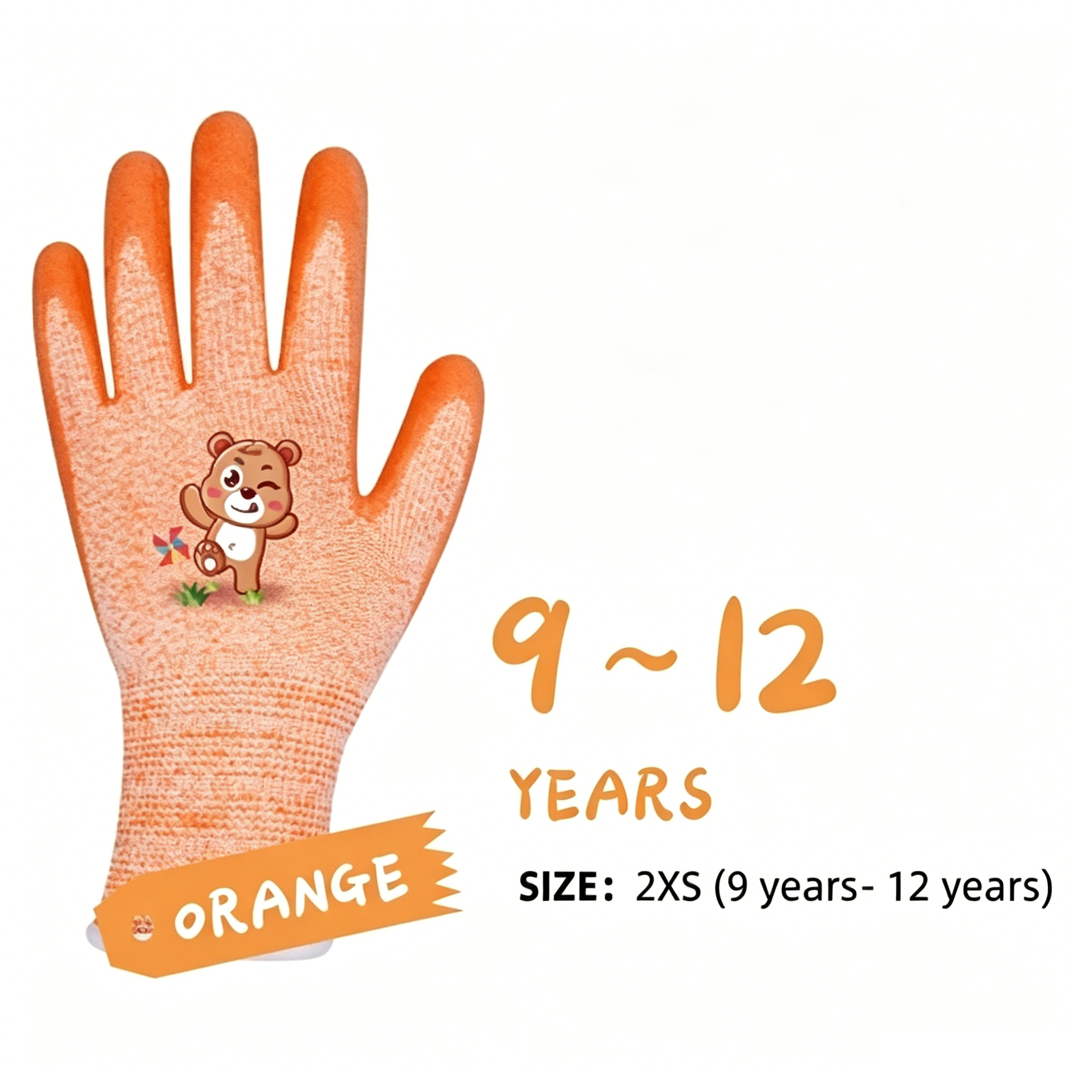 Kids Gloves Series 15 gauge polyester spandex sandy latex cut-resistant gloves, orange bear cartoon print, size 2XS for kids aged 9-12 years old outdoor protection
