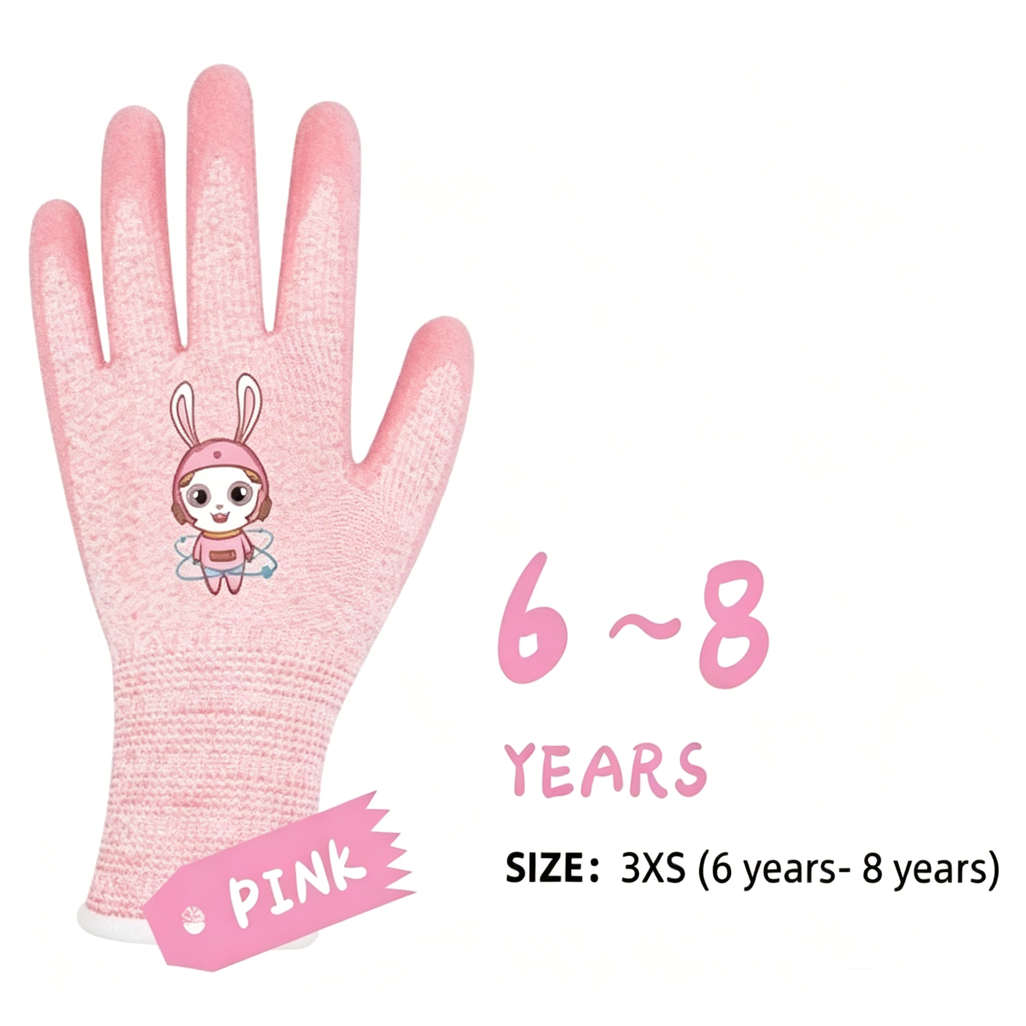 Kids Gloves Series 15 gauge polyester spandex sandy latex cut-resistant gloves, pink rabbit cartoon print, size 3XS for kids aged 6-8 years old outdoor protection