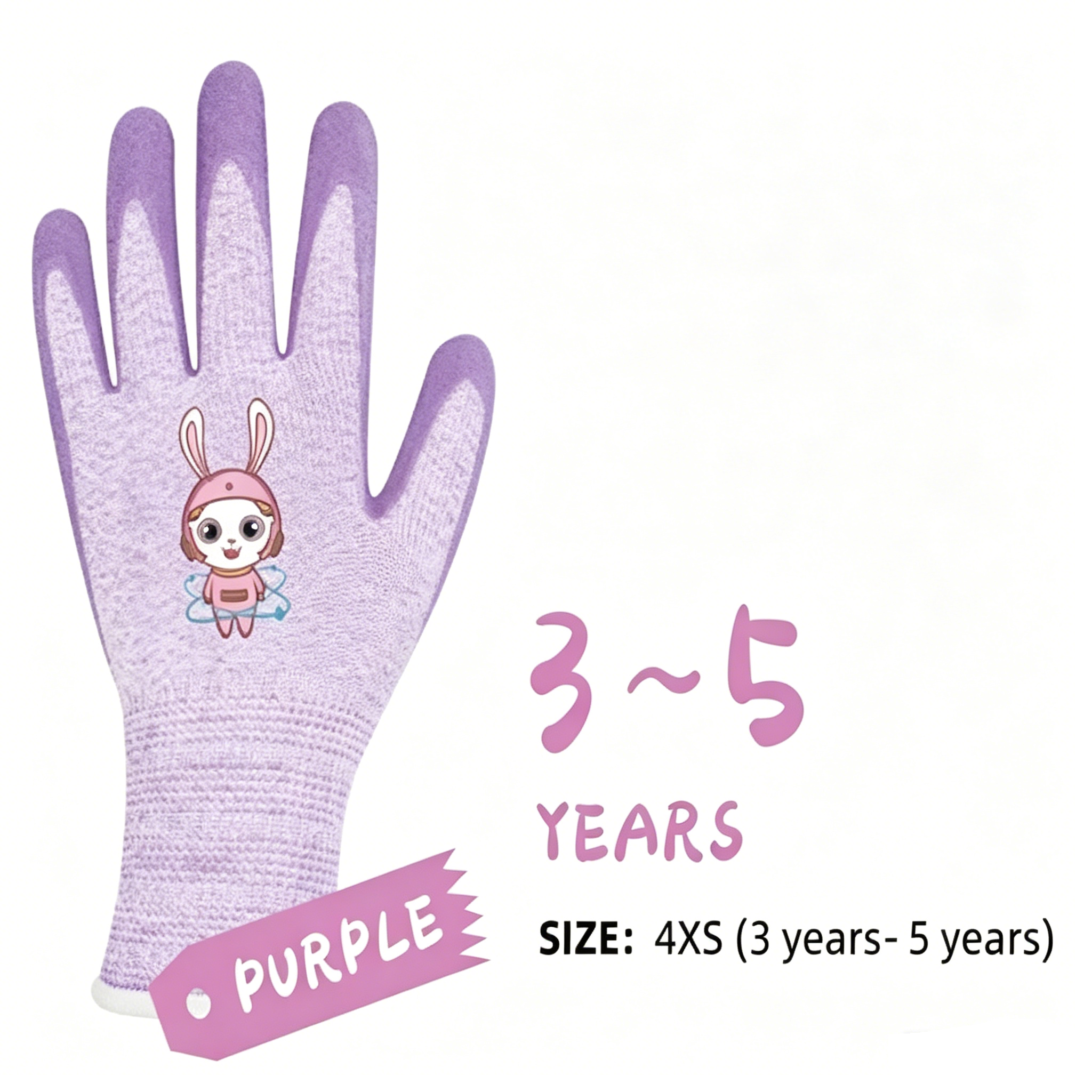 Kids Gloves Series 15 gauge polyester spandex sandy latex cut-resistant gloves, purple rabbit cartoon print, size 4XS for kids aged 3-5 years old outdoor protection