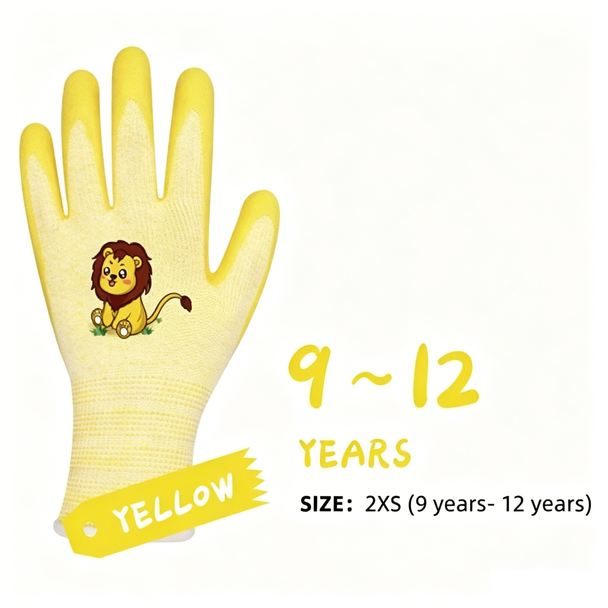 Kids Gloves Series 15 gauge polyester spandex sandy latex cut-resistant gloves, yellow lion cartoon print, size 2XS for kids aged 9-12 years old outdoor protection