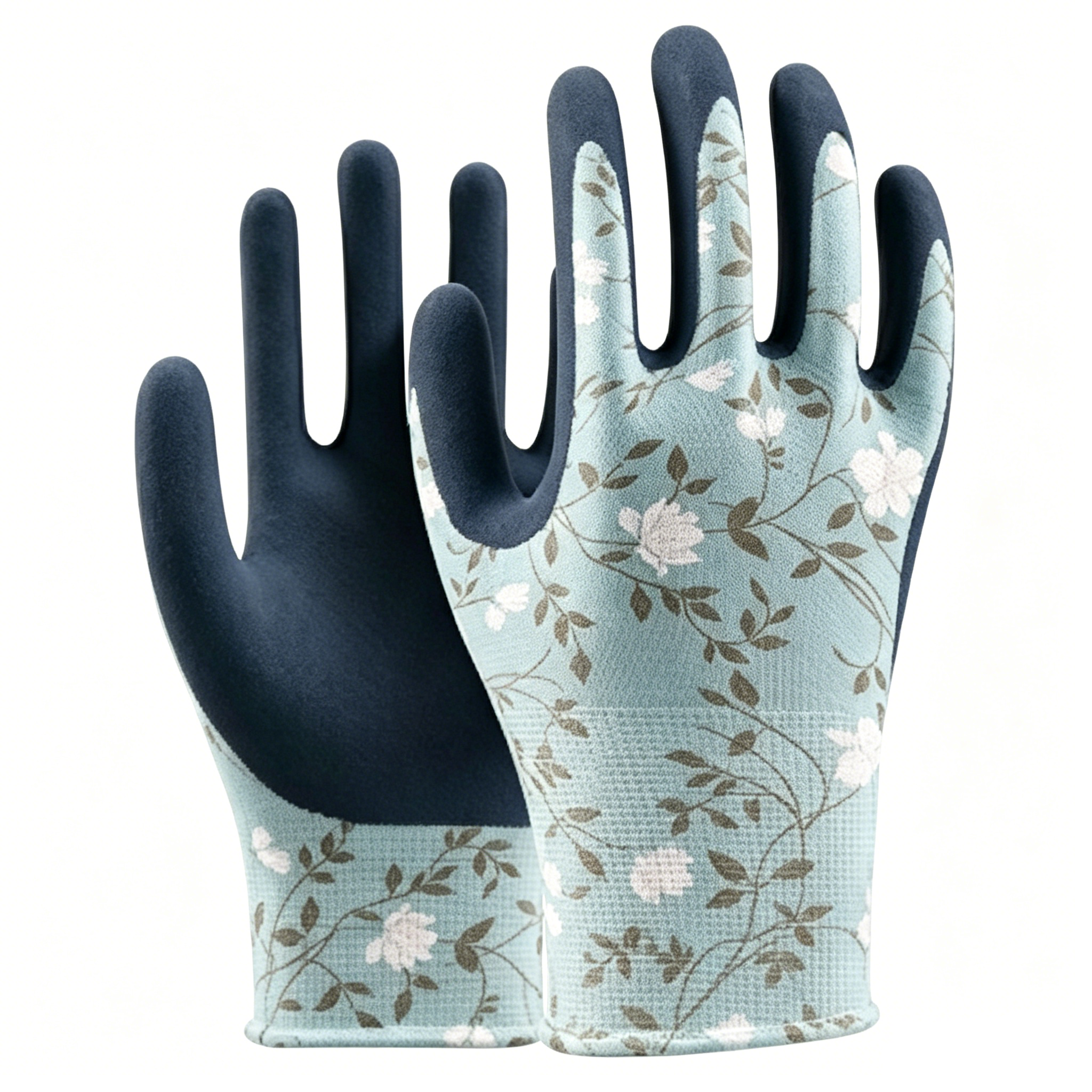 Latex-Sandy Series 13 gauge polyester floral gardening gloves, light grey floral liner with black sandy latex coating for garden and industrial work