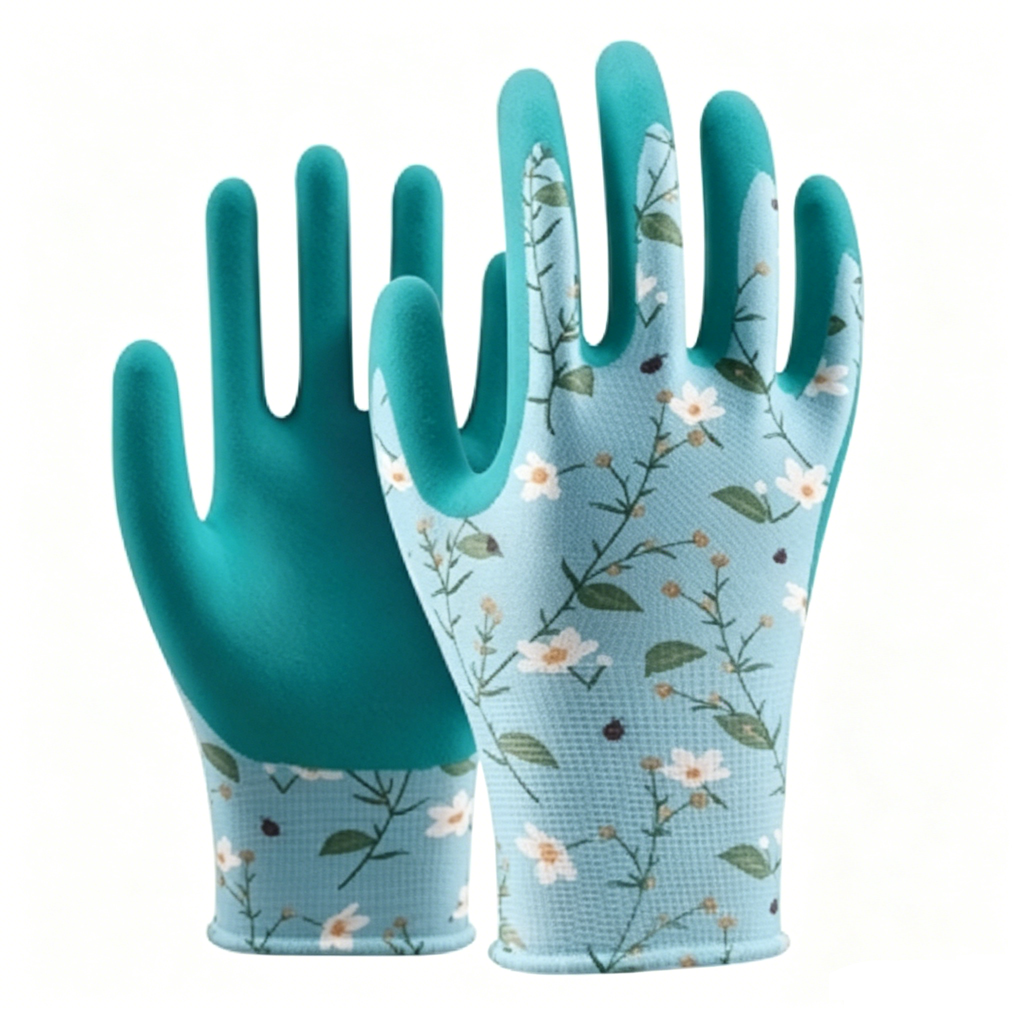 Latex-Sandy Series 13 gauge polyester floral gardening gloves, light blue floral liner with teal sandy latex coating for garden and industrial work
