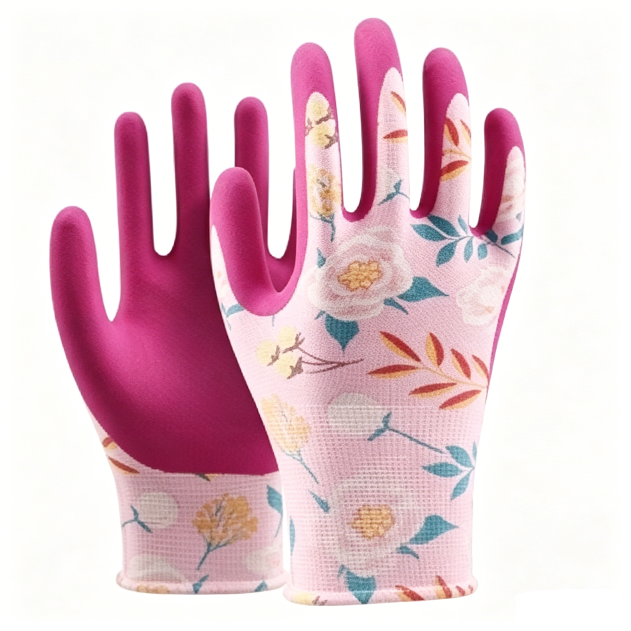 Latex-Sandy Series 13 gauge polyester peony floral gardening gloves, light peony print liner with magenta sandy latex coating for garden and industrial work