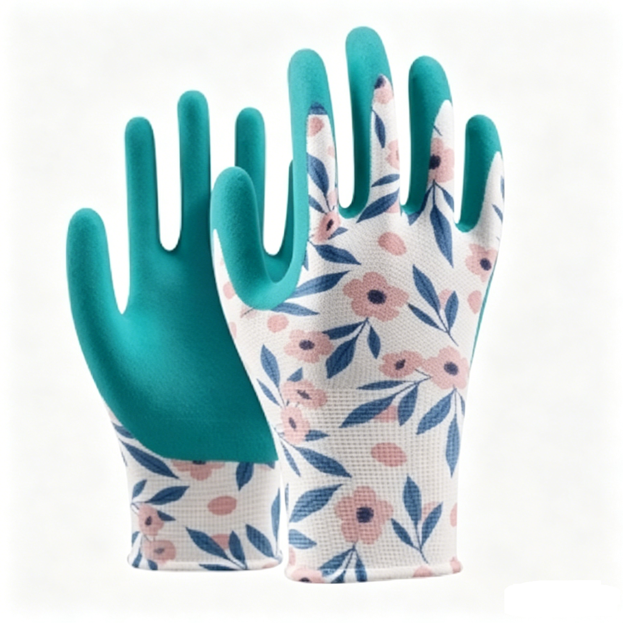 Latex-Sandy Series 13 gauge polyester floral gardening gloves, light base pink flower liner with teal sandy latex coating for garden and industrial work
