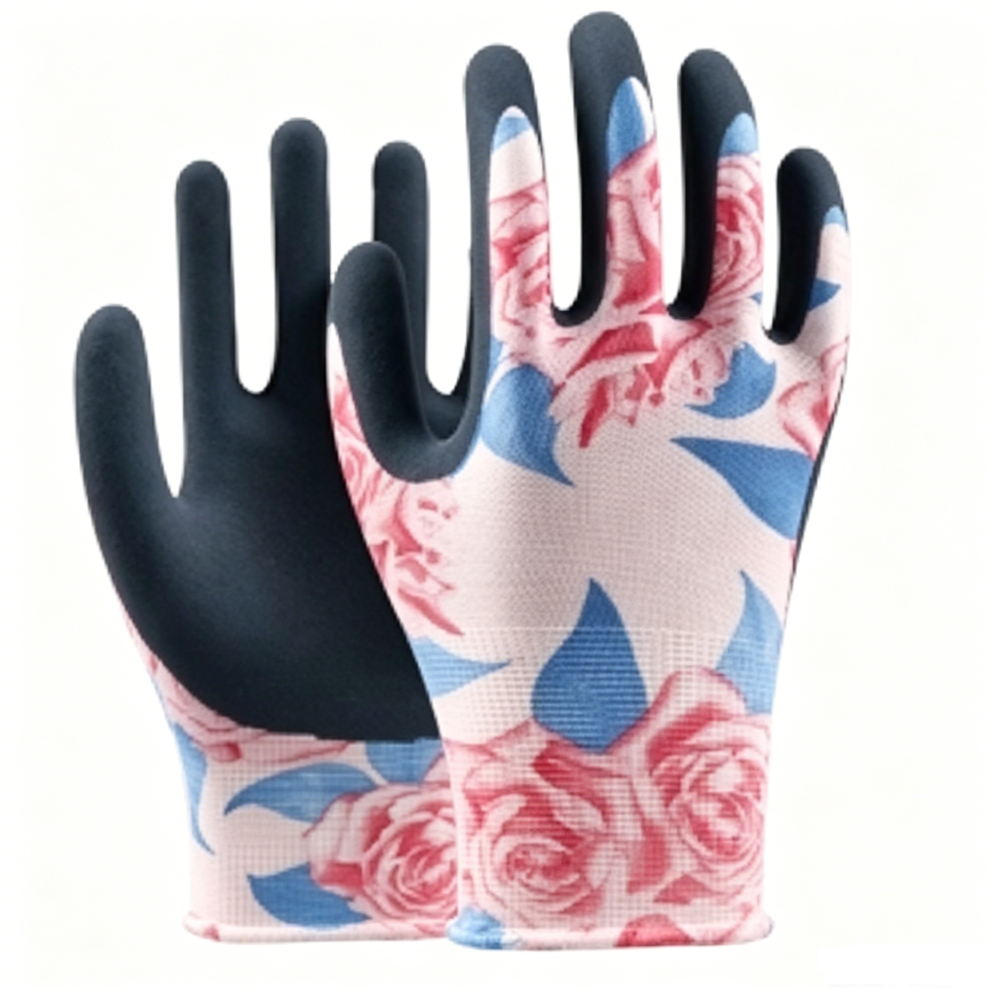 Latex-Sandy Series 13 gauge polyester rose floral gardening gloves, big rose print liner with black sandy latex coating for garden and industrial work