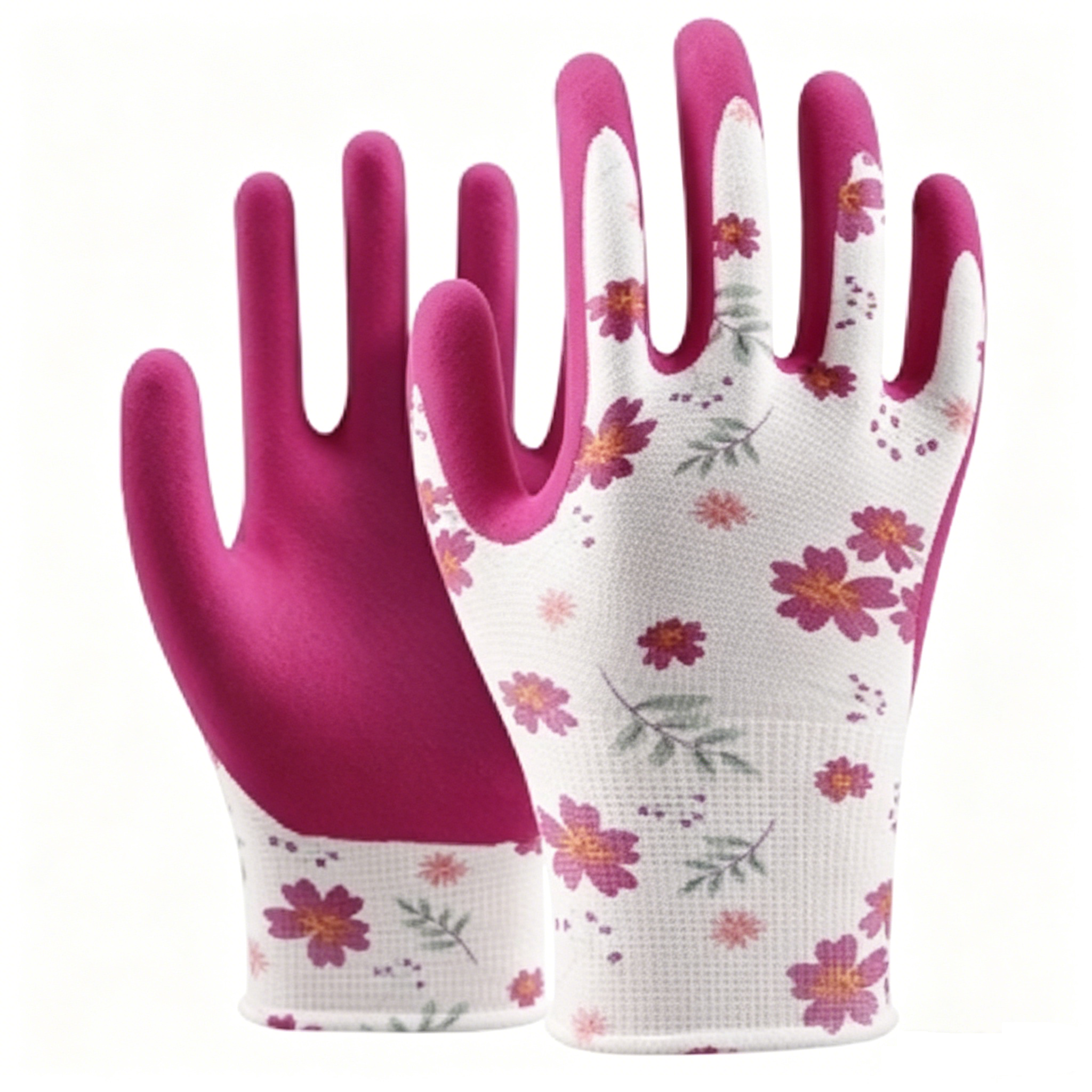 Latex-Sandy Series 13 gauge polyester floral gardening gloves, white small flower liner with magenta sandy latex coating for garden and industrial work