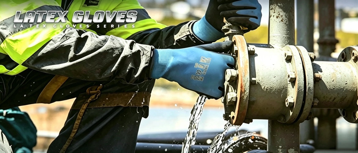 Latex work gloves series banner, 3 core upgrades & 4 technical advantages, 5 surface texture options, OEKO-Tex certified durable eco-friendly industrial safety gloves