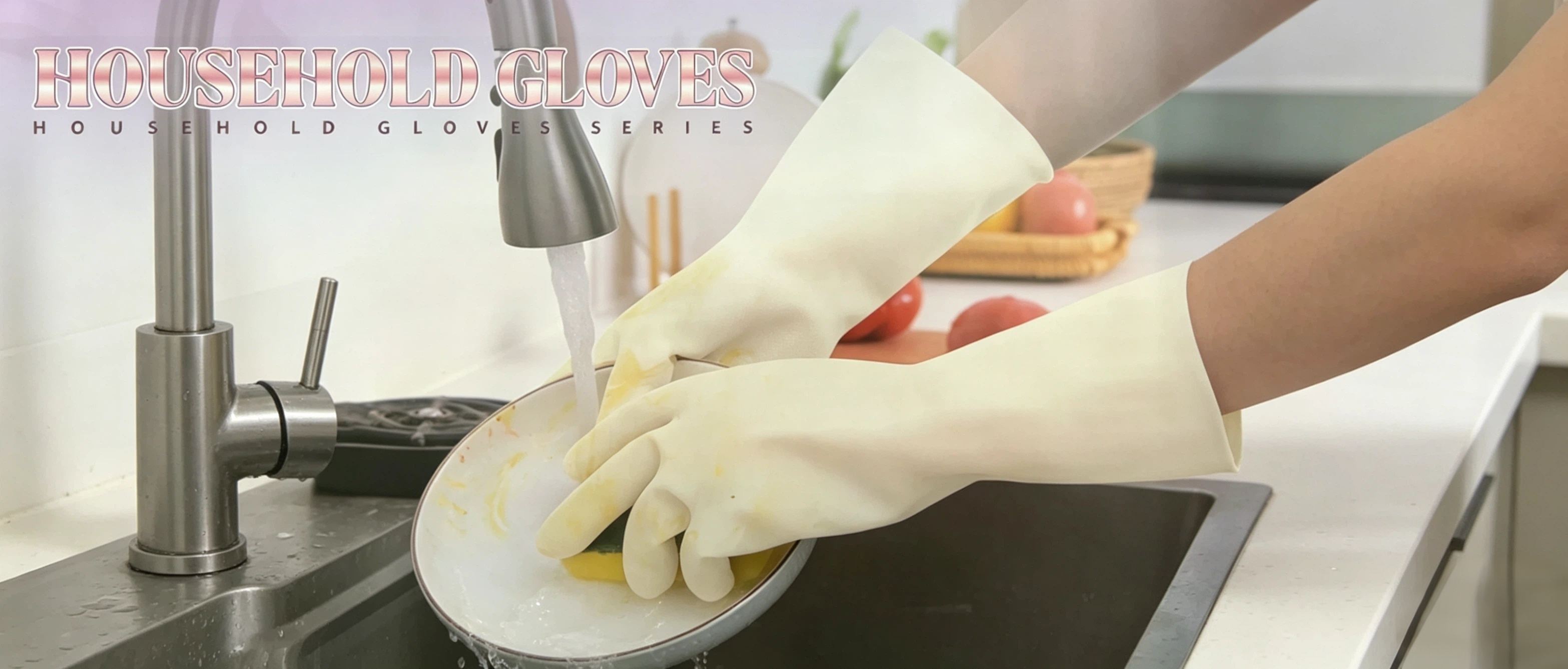 Nitrile household gloves series banner, oil proof, food-safe FDA certified, hypoallergenic latex-free kitchen dishwashing gloves with EN388 tear and puncture resistance