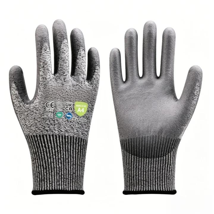 H3101D 13 gauge smooth PU coated cut resistant gloves, ANSI cut A4, lightweight breathable liner, excellent abrasion resistance for metal & glass processing