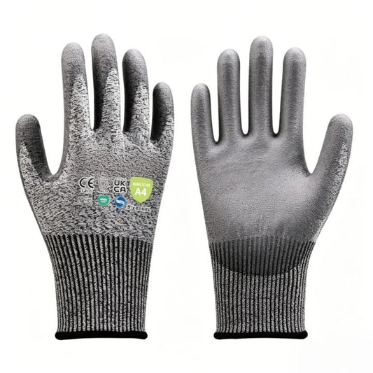 H3101D 13 gauge smooth PU coated cut resistant gloves, ANSI cut A4, lightweight breathable liner, excellent abrasion resistance for metal & glass processing