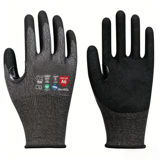 H9000 21 gauge ultra-fine liner cut safety gloves, sandy nitrile coating with reinforced thumb crotch, ANSI highest cut level A6 for high-risk cutting work
