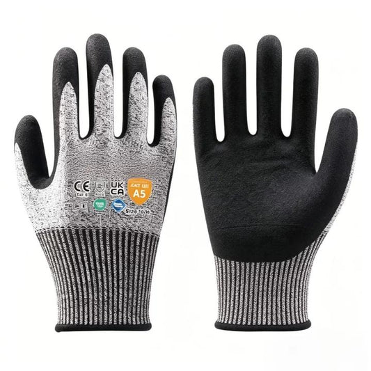 H5000E 13 gauge sandy nitrile cut resistant gloves, ANSI cut A5, superior anti-slip grip in dry & oily environments, long service life for rough material handling