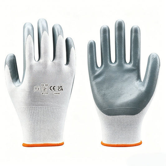 N1501 13 gauge polyester smooth nitrile coated safety gloves, lightweight flexible with great dry grip, customizable color options for light industry