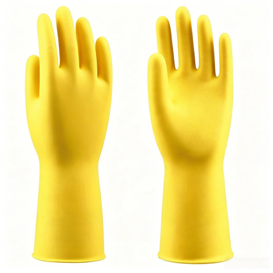 L1804 flocked natural latex household gloves, smooth solid yellow latex, full washable design, cotton flocked cool sweat-wicking liner, flexible food safe dishwashing gloves