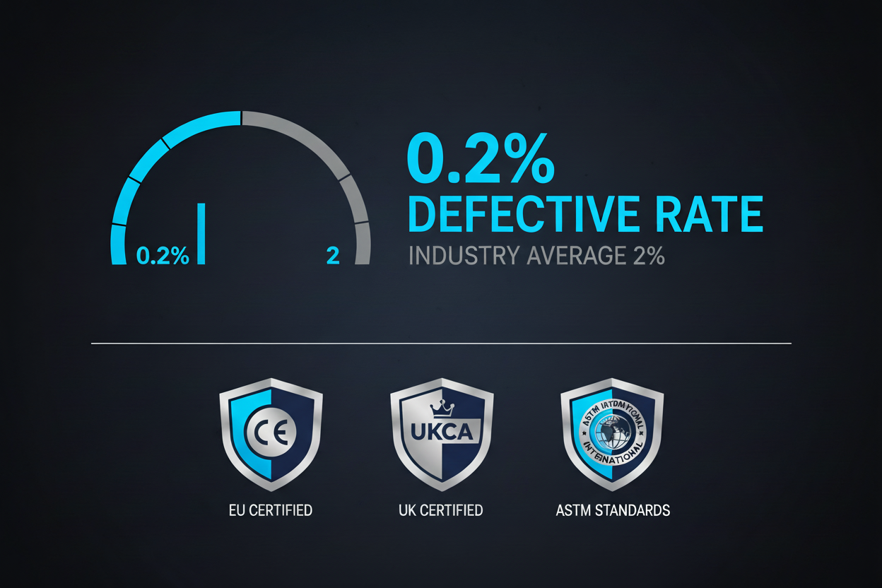 Strict Quality Control chart showing 0.2% defective rate vs industry average 2%, with CE EU, UKCA UK, ASTM safety certification badges