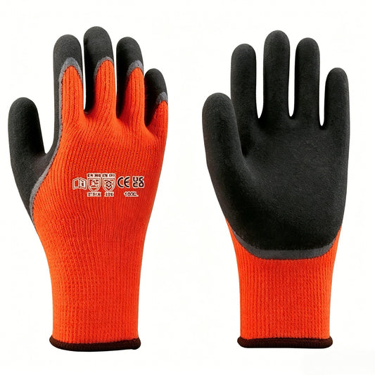 W1212 10 gauge acrylic terry thermal winter gloves, latex foam anti-slip palm, extra thumb protection, breathable open back design for short cold contact work